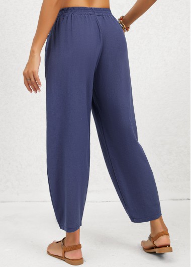 Navy bottoms,Plain Color bottoms,Pocket Regular Elastic Waist Mid Waisted Navy Pants