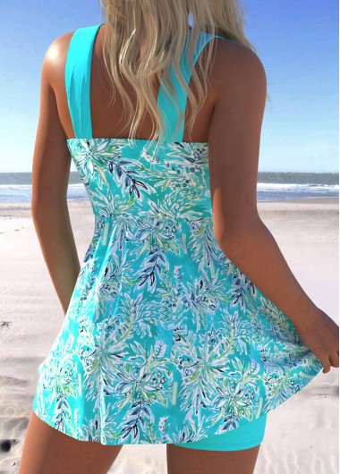 Cyan swimwear,Plants swimwear,ROTITA Surplice Cyan Leaf Print Swimdress and Shorts