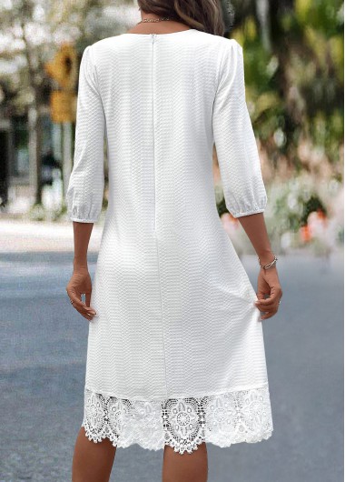 White dresses,Plain Color dresses,Everyday dresses,Casual dresses,ROTITA Patchwork White A Line V Neck 3/4 Sleeve Dress