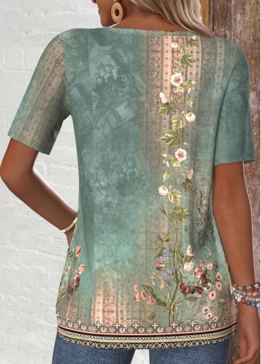 Sage Green tops,Plants tops,ROTITA Tuck Stitch Random Floral Print Sage Green T Shirt