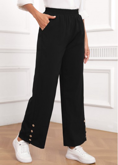 Black bottoms,Plain Color bottoms,Button Black Elastic Waist High Waisted Pants