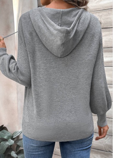 Dark Grey tops,Plain Color tops,Patchwork Dark Grey Hooded Long Sleeve Sweater