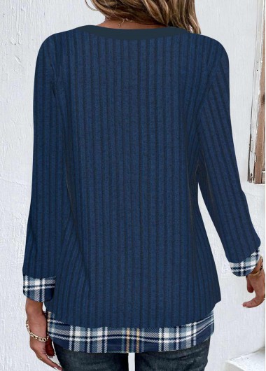 Dark Blue tops,Plaid tops,Striped tops,Geometric tops,ROTITA Patchwork Plaid Dark Blue Split Neck T Shirt