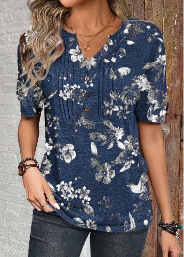 Dark Blue tops,Floral tops,Plants tops,ROTITA Button Floral Print Dark Blue Split Neck T Shirt
