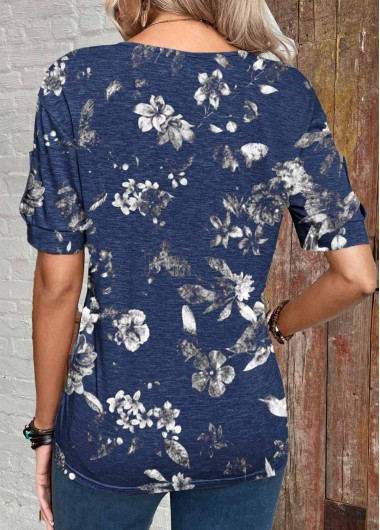 Dark Blue tops,Floral tops,Plants tops,ROTITA Button Floral Print Dark Blue Split Neck T Shirt