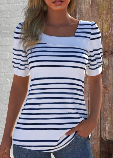 White tops,Striped tops,Geometric tops,ROTITA Asymmetry Striped White Asymmetrical Neck Short Sleeve T Shirt