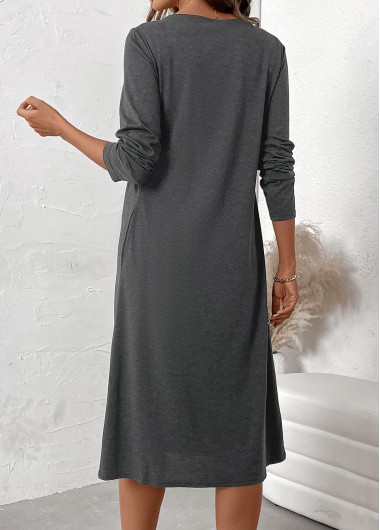 Dark Grey Marl dresses,Plain Color dresses,Everyday dresses,Casual dresses,ROTITA Button Dark Grey Marl Scoop Neck Long Sleeve Dress