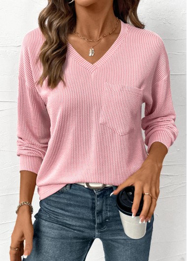 Light Pink tops,Plain Color tops,ROTITA Jacquard Light Pink V Neck Long Sleeve T Shirt