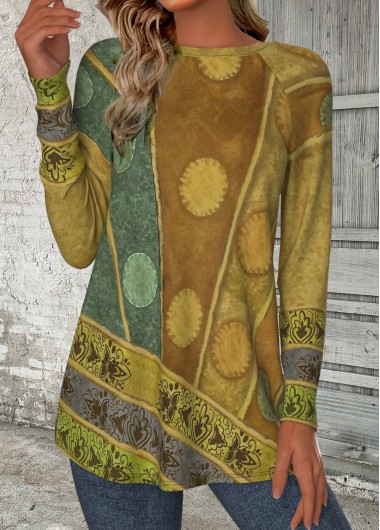 Green tops,Geometric tops,Tribal tops,ROTITA Geometric Print Green Round Neck Long Sleeve T Shirt