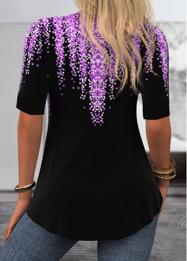 Purple tops,Black tops,Geometric tops,Ombre tops,ROTITA Geometric Print Purple Fake Two Piece Twinset