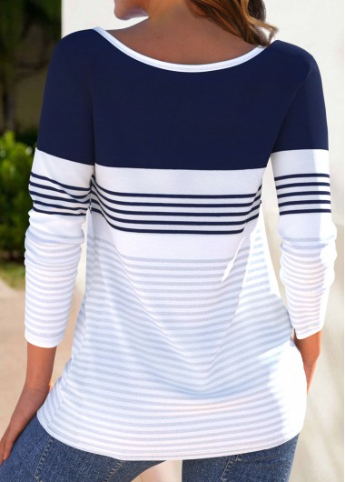 White tops,Striped tops,Geometric tops,ROTITA Button Striped White Boat Neck Long Sleeve T Shirt