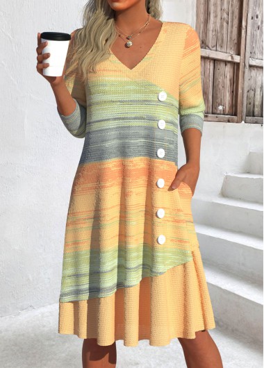 Yellow dresses,Ombre dresses,Everyday dresses,Casual dresses,ROTITA Patchwork Ombre Yellow A Line V Neck Dress