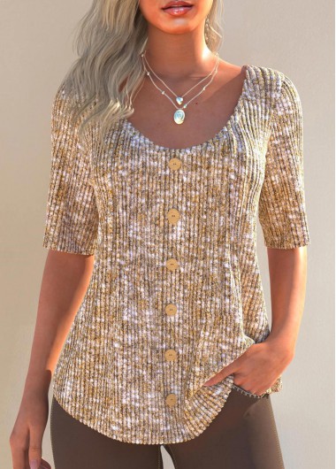 Ginger tops,Plain Color tops,ROTITA Button Ginger Scoop Neck Half Sleeve T Shirt