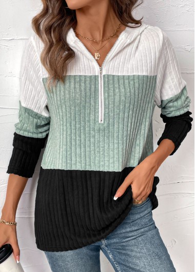 Black tops,White tops,Contrast Color tops,ROTITA Patchwork Contrast Color Long Sleeve Hoodie