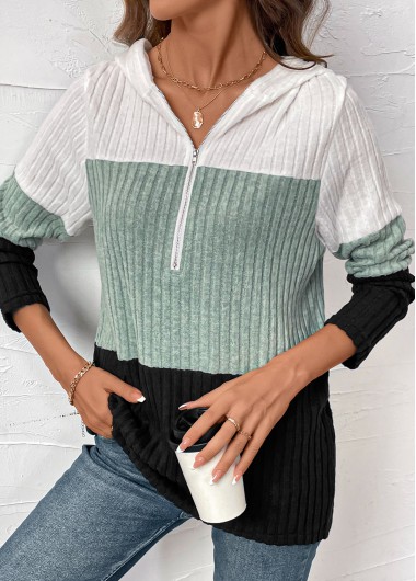 Black tops,White tops,Contrast Color tops,ROTITA Patchwork Contrast Color Long Sleeve Hoodie