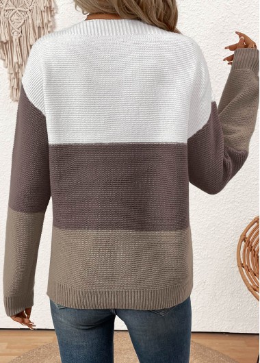 Dark Coffee tops,Contrast Color tops,Patchwork Dark Coffee Round Neck Long Sleeve Sweater