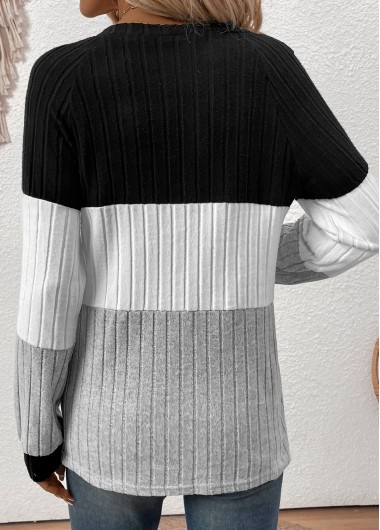 Black tops,Contrast Color tops,ROTITA Patchwork Black V Neck Long Sleeve T Shirt