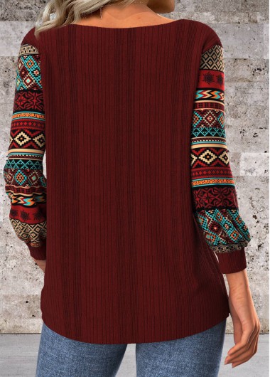 Wine Red tops,Tribal tops,Geometric tops,ROTITA Patchwork Tribal Print Wine Red Round Neck T Shirt