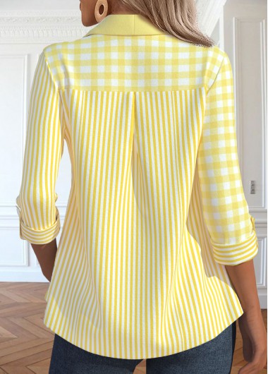 Light Yellow tops,Striped tops,Geometric tops,ROTITA Patchwork Striped Light Yellow Long Sleeve Shirt
