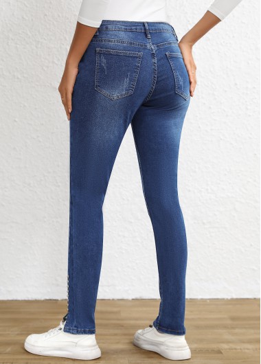 Dark Blue bottoms,Plain Color bottoms,Split Dark Blue Skinny Button Fly High Waisted Jeans