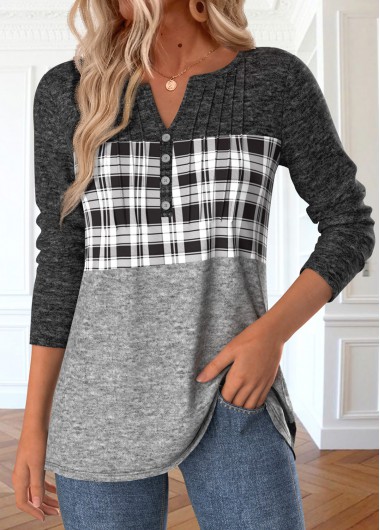 Grey tops,Plaid tops,ROTITA Patchwork Plaid Grey Split Neck Long Sleeve T Shirt