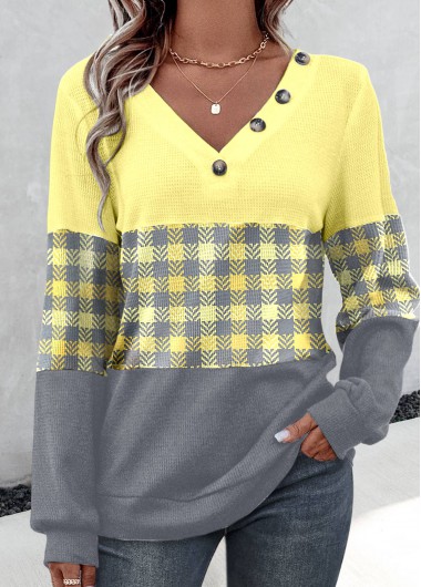 Yellow tops,Grey tops,Plaid tops,ROTITA Patchwork Plaid Yellow V Neck Long Sleeve T Shirt