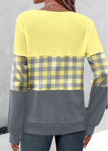 Yellow tops,Grey tops,Plaid tops,ROTITA Patchwork Plaid Yellow V Neck Long Sleeve T Shirt