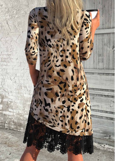 Dark Coffee dresses,Leopard dresses,Everyday dresses,Casual dresses,ROTITA Patchwork Leopard Dark Coffee A Line V Neck Dress
