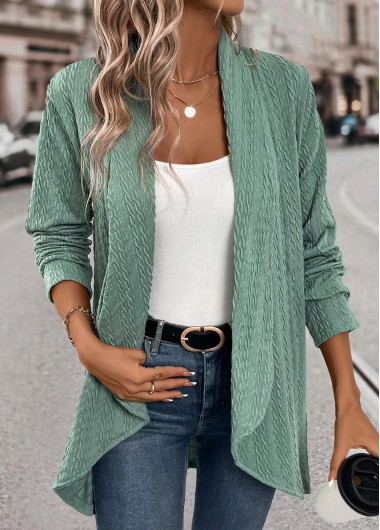 Green tops,Plain Color tops,ROTITA Jacquard Green Long Sleeve Light Cardigan