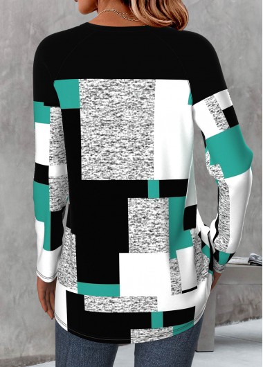 Multi Color tops,Geometric tops,ROTITA Patchwork Geometric Print Multi Color Round Neck T Shirt