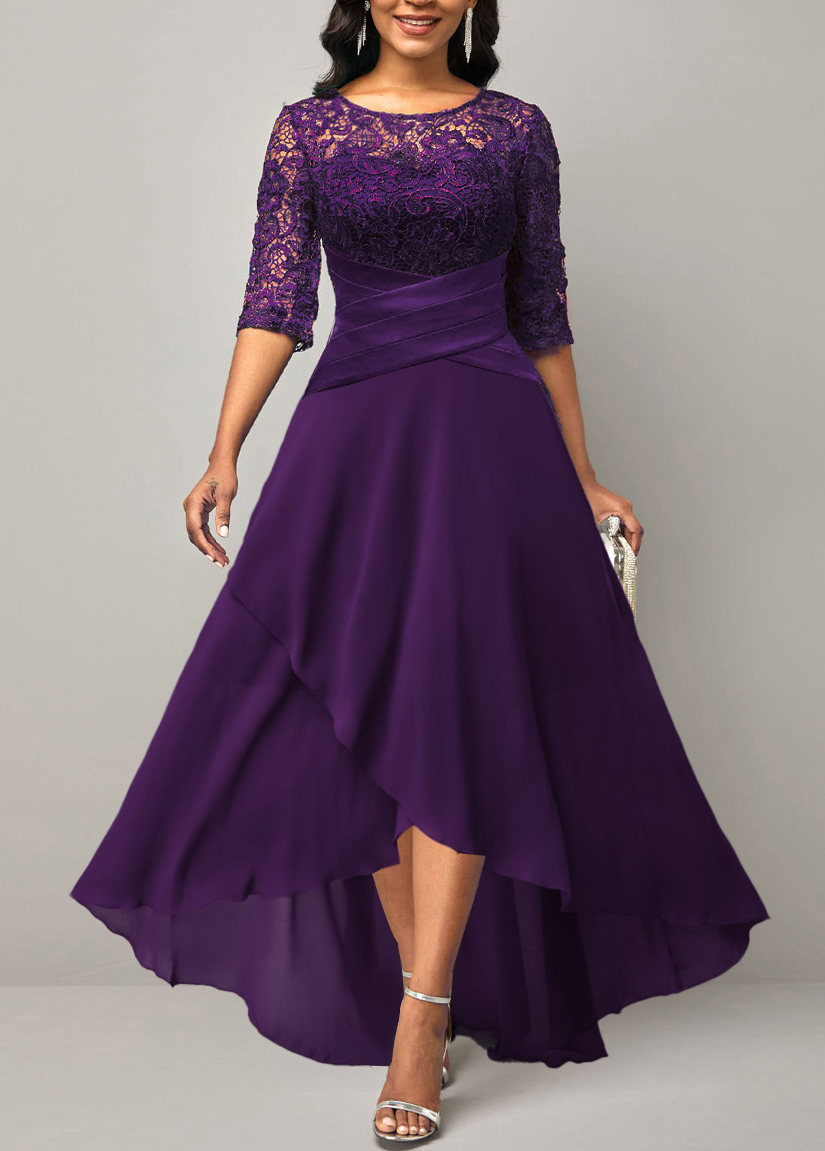 Purple dresses,Plain Color dresses,Party dresses,Elegant dresses,ROTITA Half Sleeve Purple Lace Patchwork Dress