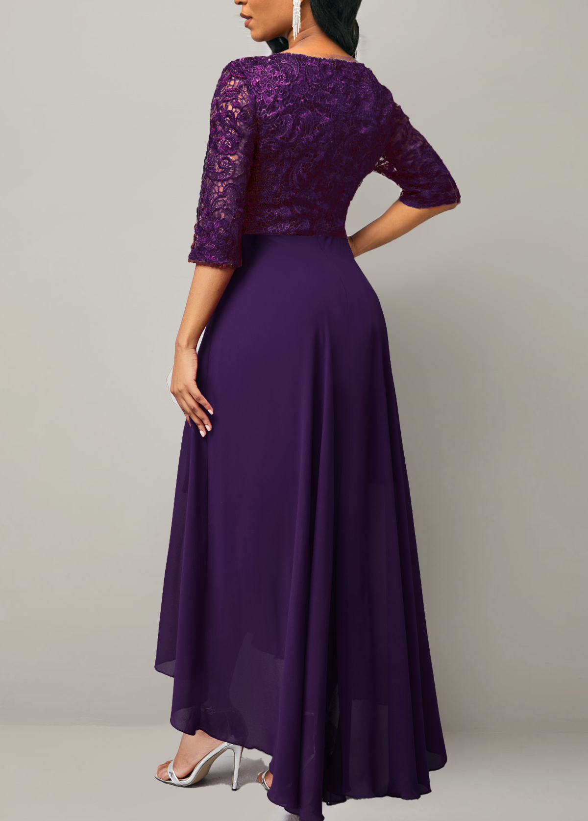 Purple dresses,Plain Color dresses,Party dresses,Elegant dresses,ROTITA Half Sleeve Purple Lace Patchwork Dress