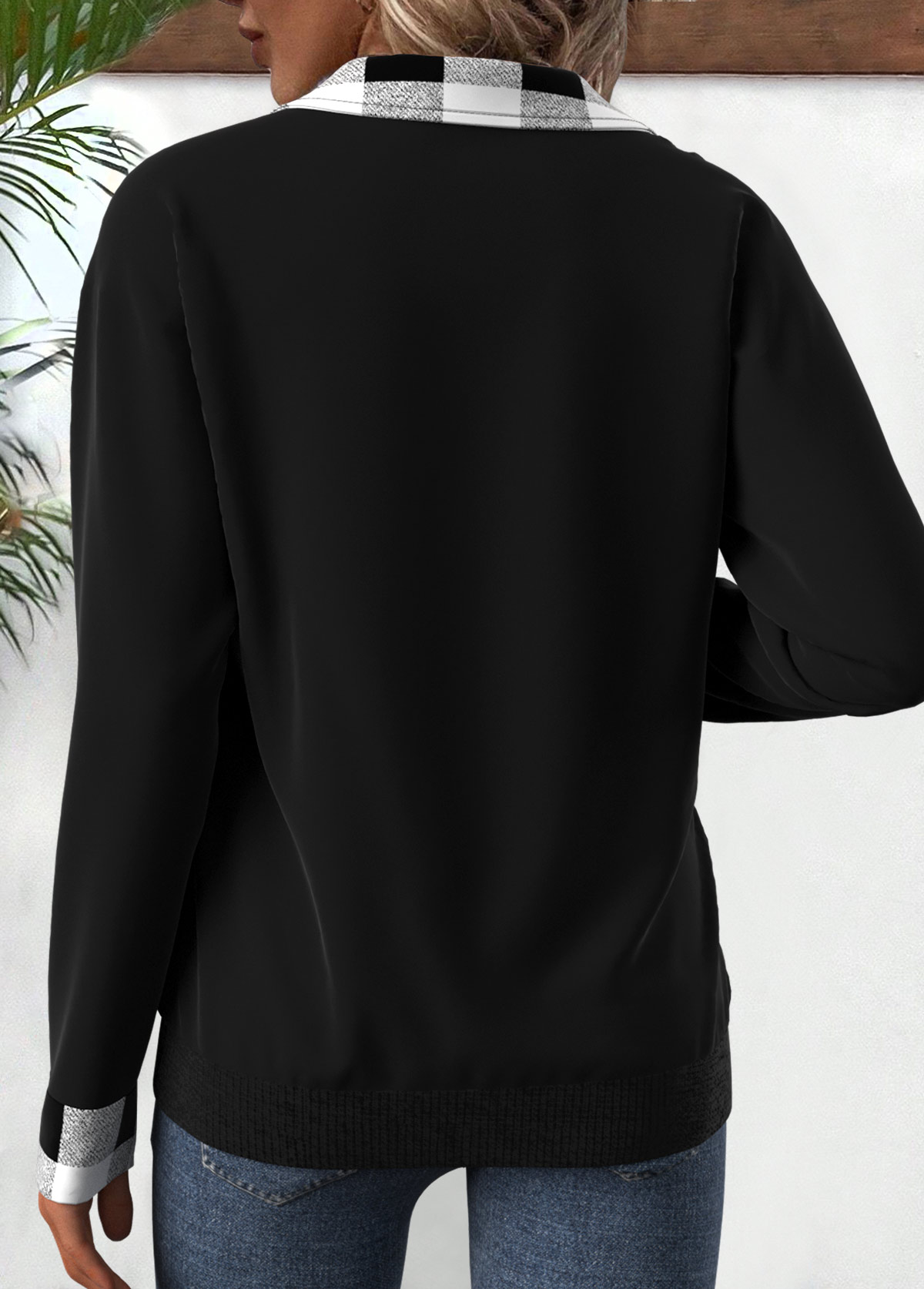 Rotita Patchwork-Sweatshirt mit Karomuster in Schwarz und Umlegekragen mit langen Ärmeln