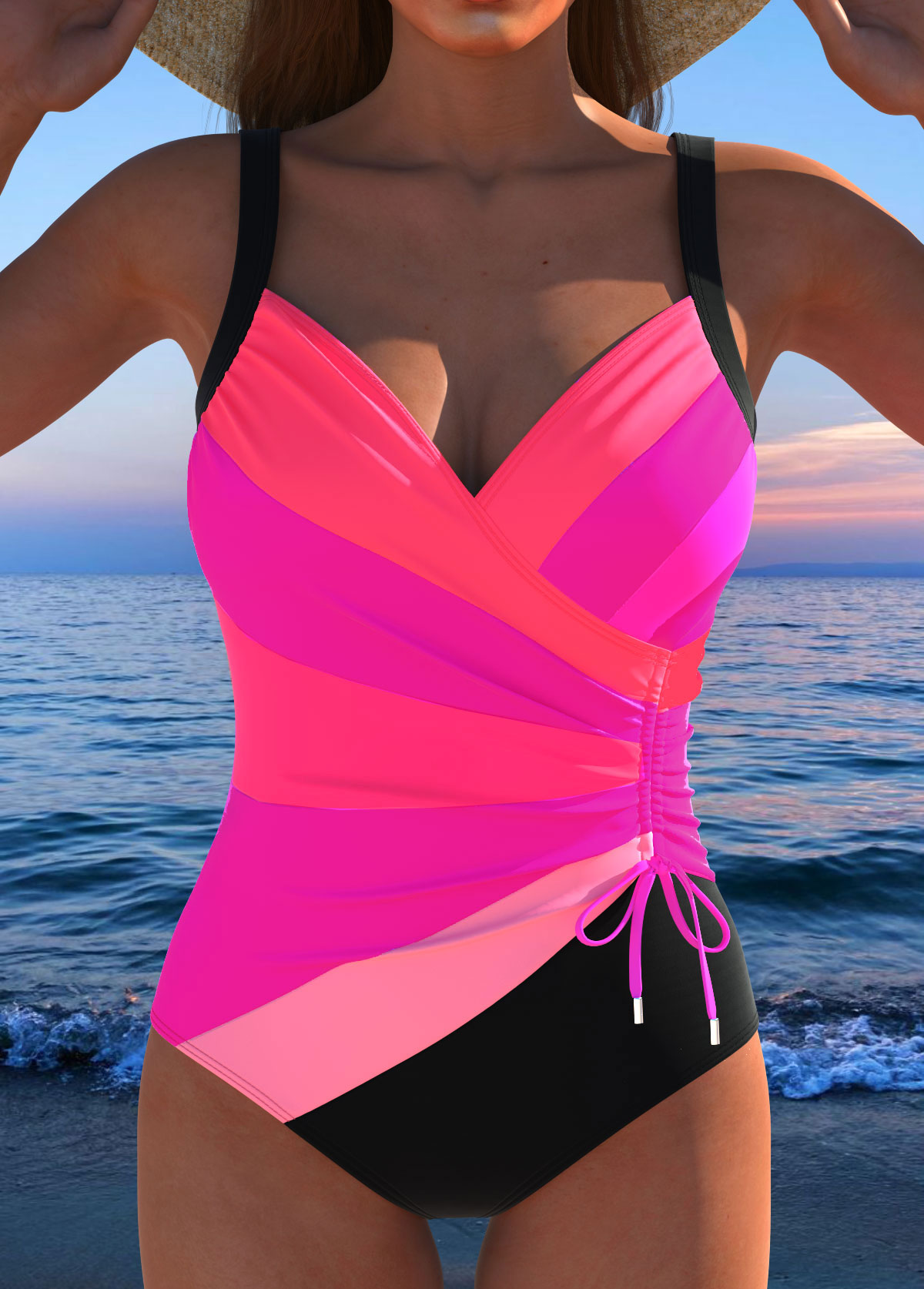 Hot Pink swimwear,Striped swimwear,Geometric swimwear,ROTITA Drawstring Hot Pink Multi Stripe Print One Piece Swimwear