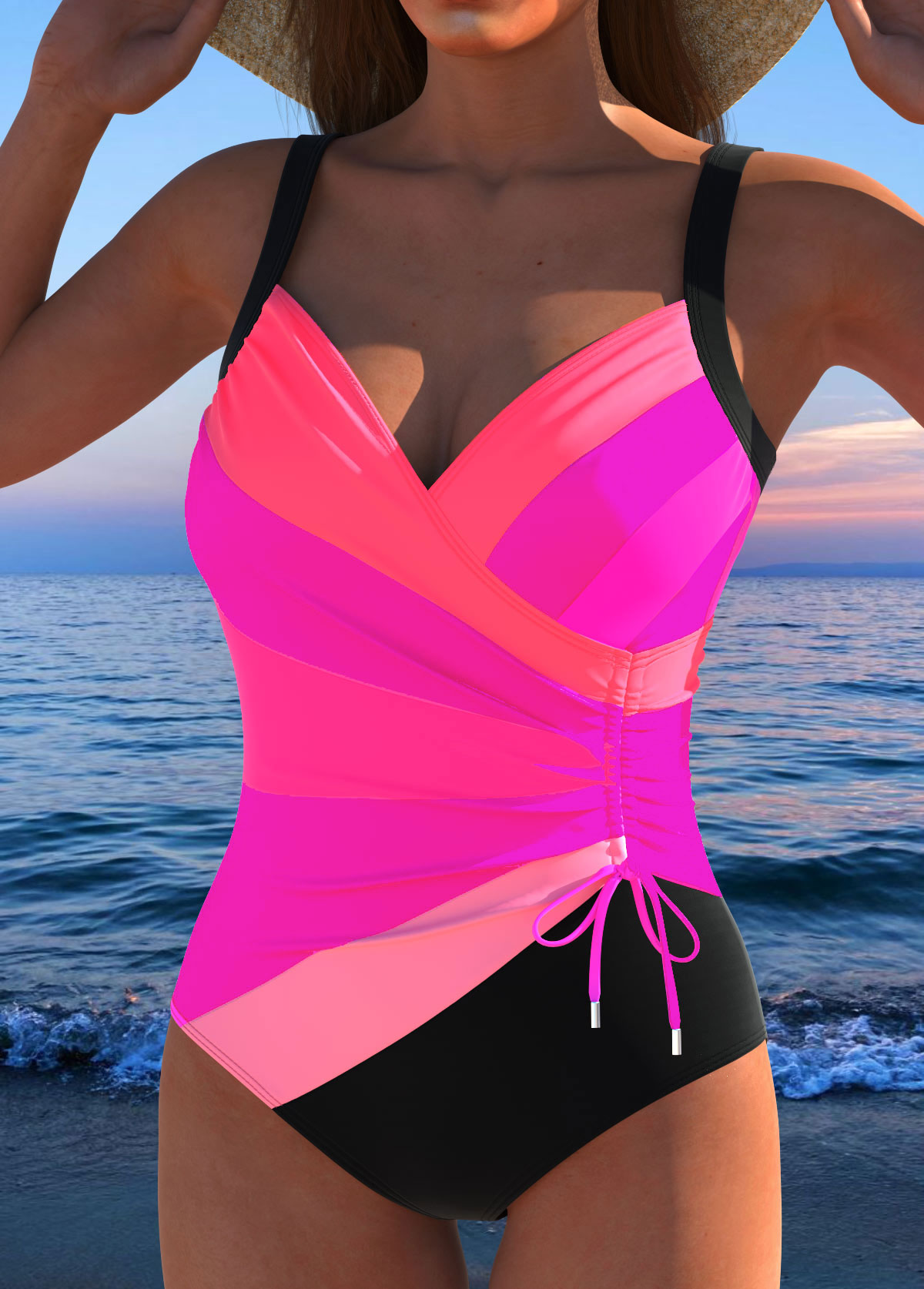 Hot Pink swimwear,Striped swimwear,Geometric swimwear,ROTITA Drawstring Hot Pink Multi Stripe Print One Piece Swimwear
