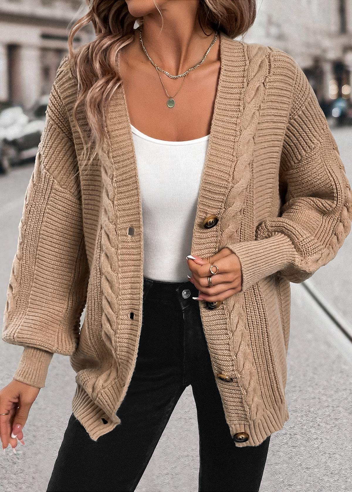 Light Camel tops,Plain Color tops,Button Light Camel V Neck Long Sleeve Cardigan