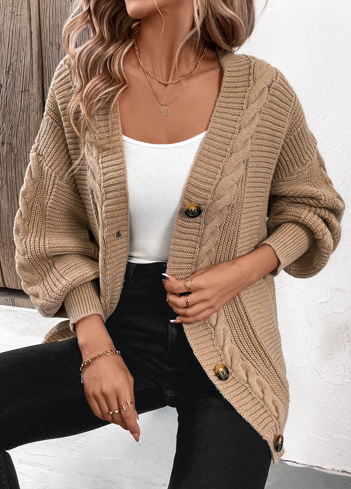 Light Camel tops,Plain Color tops,Button Light Camel V Neck Long Sleeve Cardigan