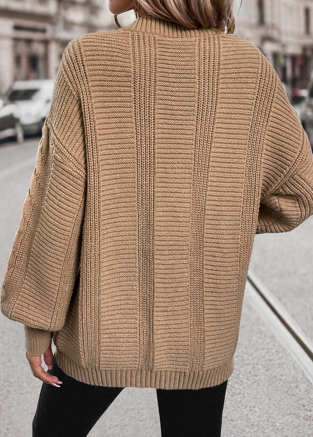 Light Camel tops,Plain Color tops,Button Light Camel V Neck Long Sleeve Cardigan