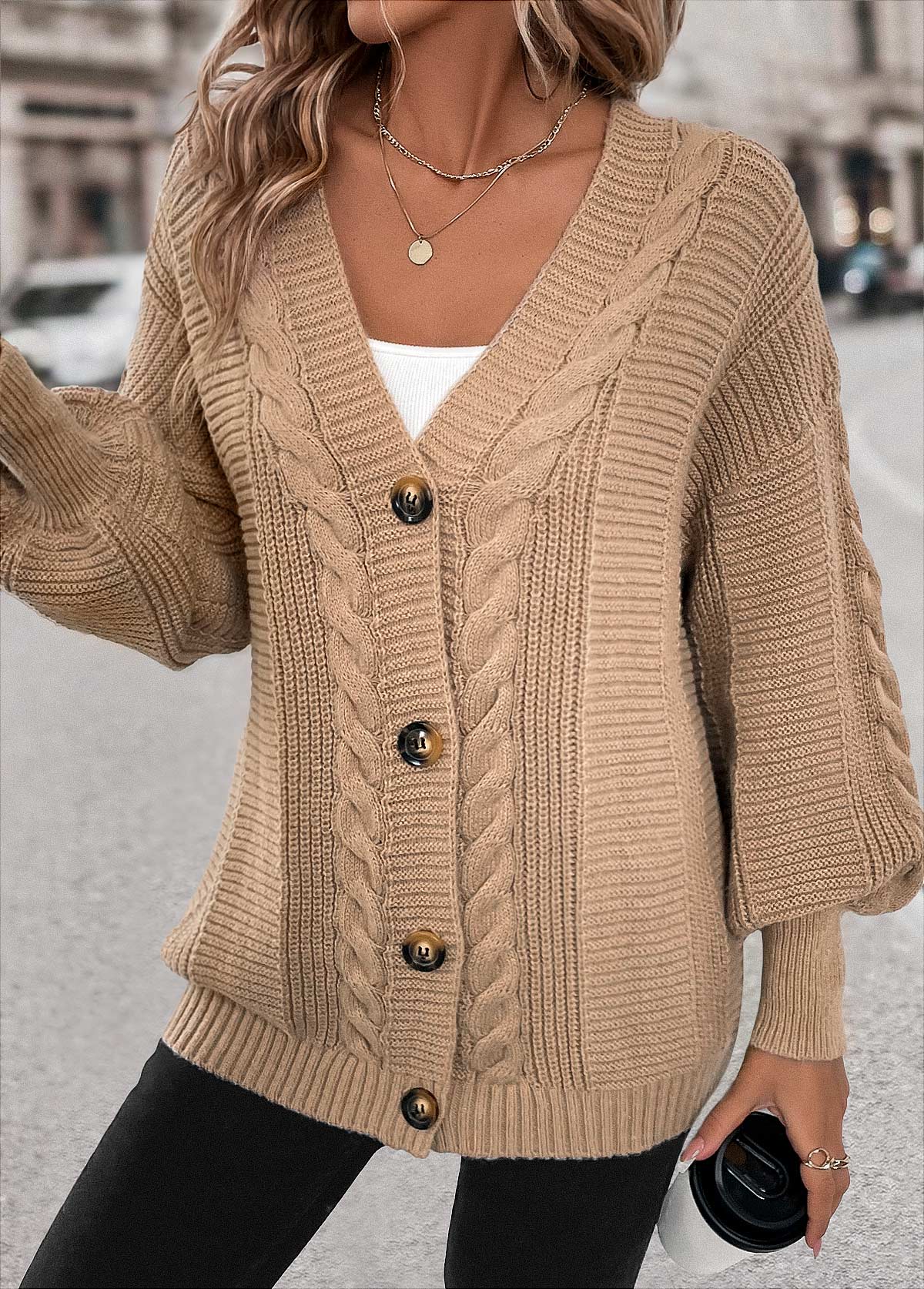 Light Camel tops,Plain Color tops,Button Light Camel V Neck Long Sleeve Cardigan