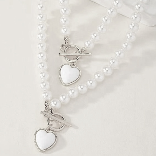 Beige jewelry,Pearl Heart Beige Alloy Necklace and Bracelet
