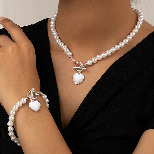 Beige jewelry,Pearl Heart Beige Alloy Necklace and Bracelet