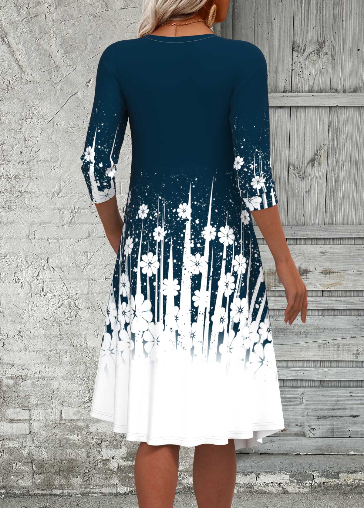 Peacock Blue dresses,White dresses,Floral dresses,Plants dresses,Dot dresses,Ombre dresses,Everyday dresses,Casual dresses,ROTITA Fake 2in1 Floral Print Peacock Blue A Line Dress