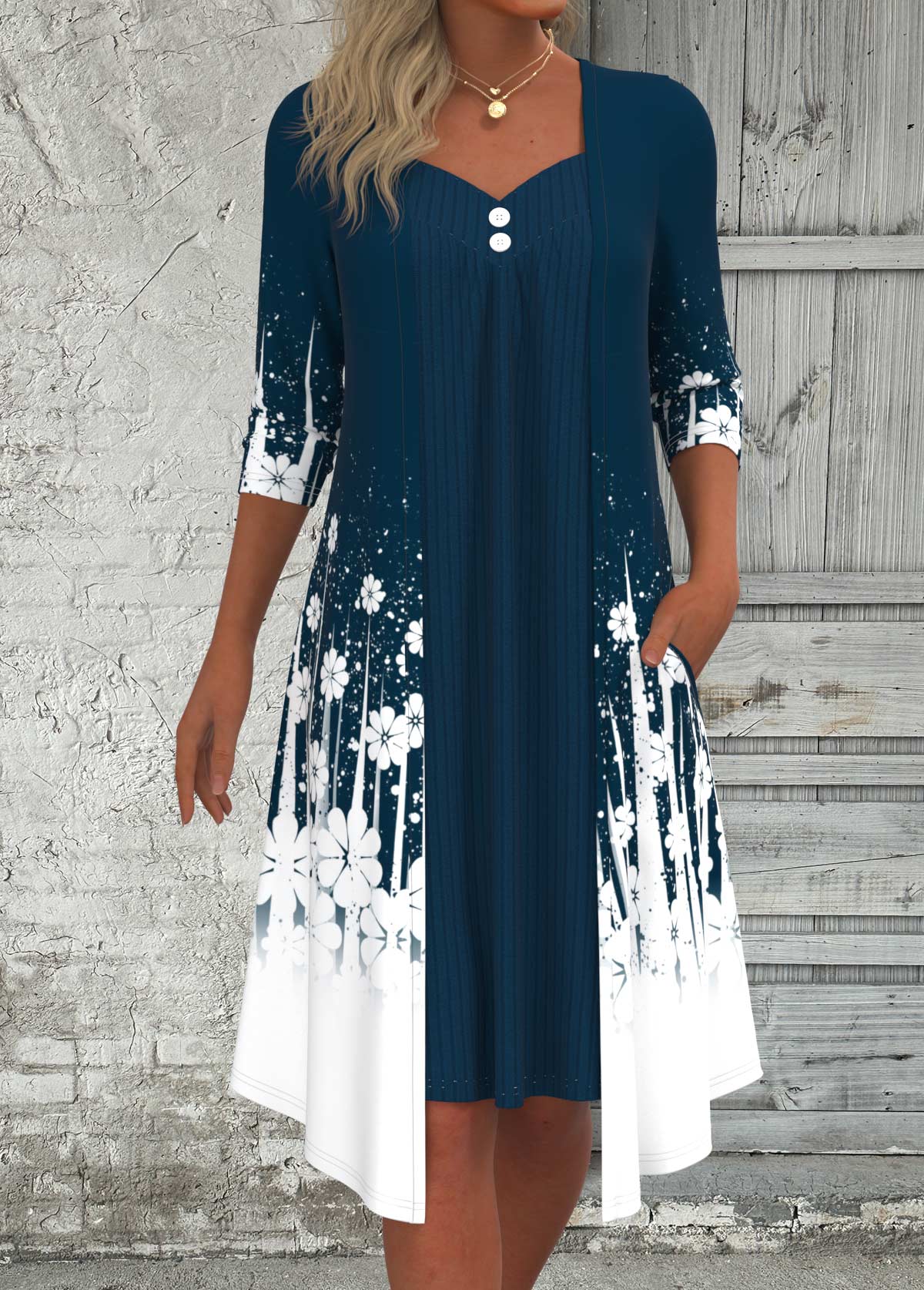 Peacock Blue dresses,White dresses,Floral dresses,Plants dresses,Dot dresses,Ombre dresses,Everyday dresses,Casual dresses,ROTITA Fake 2in1 Floral Print Peacock Blue A Line Dress