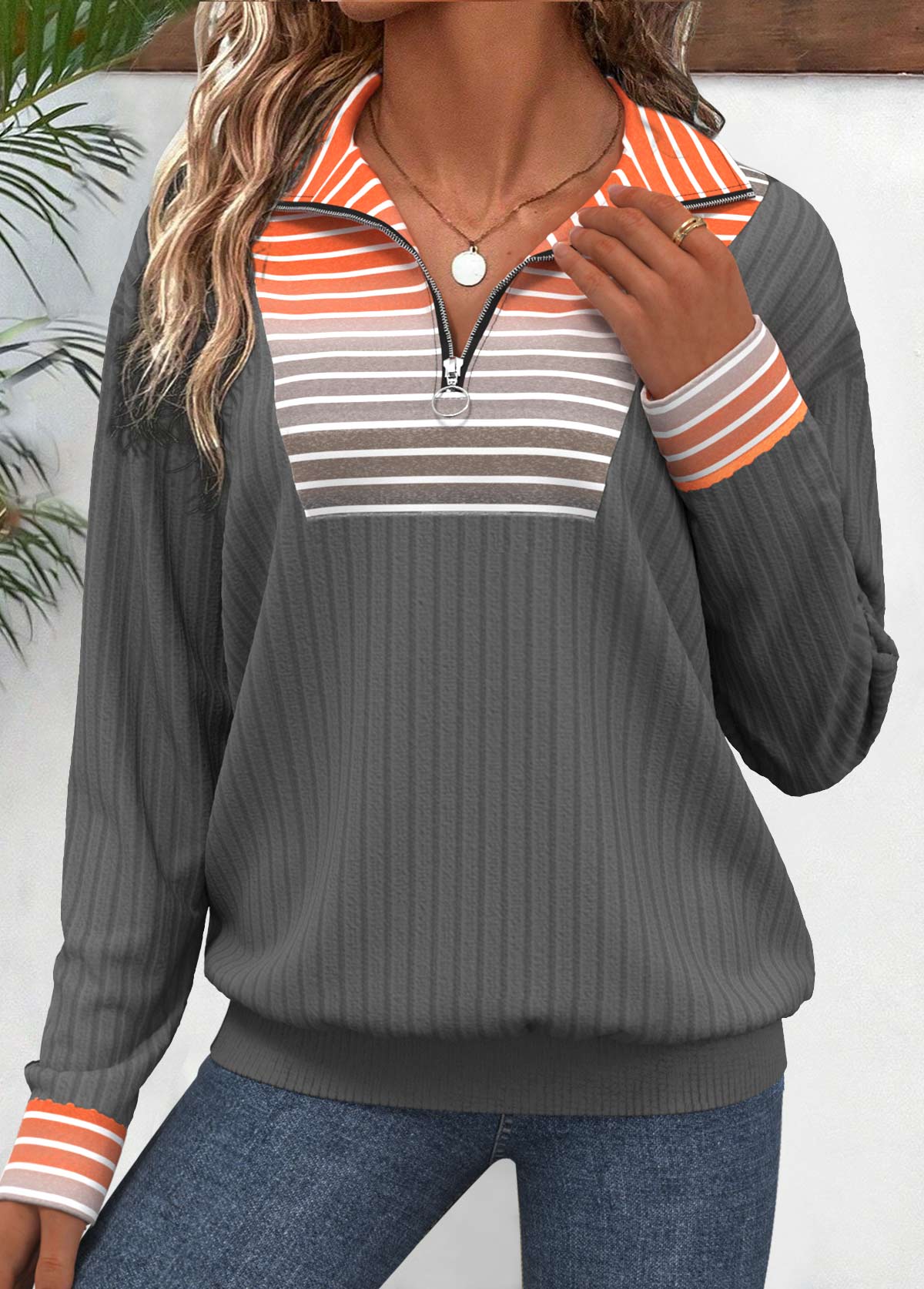 ROTITA Plus Size Orange Striped Sweatshirt USD 37.98
