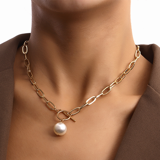 Golden jewelry,Geometric jewelry,Golden Alloy Pearl Chain Design Necklace