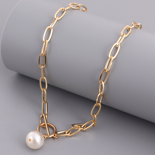 Golden jewelry,Geometric jewelry,Golden Alloy Pearl Chain Design Necklace