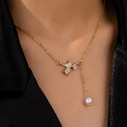 Golden jewelry,Plants jewelry,Rose Design Golden Alloy Pearl Necklace