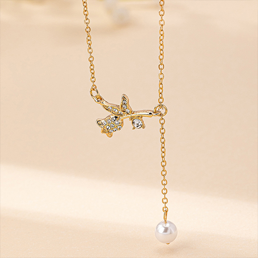 Golden jewelry,Plants jewelry,Rose Design Golden Alloy Pearl Necklace