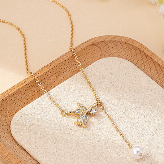 Golden jewelry,Plants jewelry,Rose Design Golden Alloy Pearl Necklace