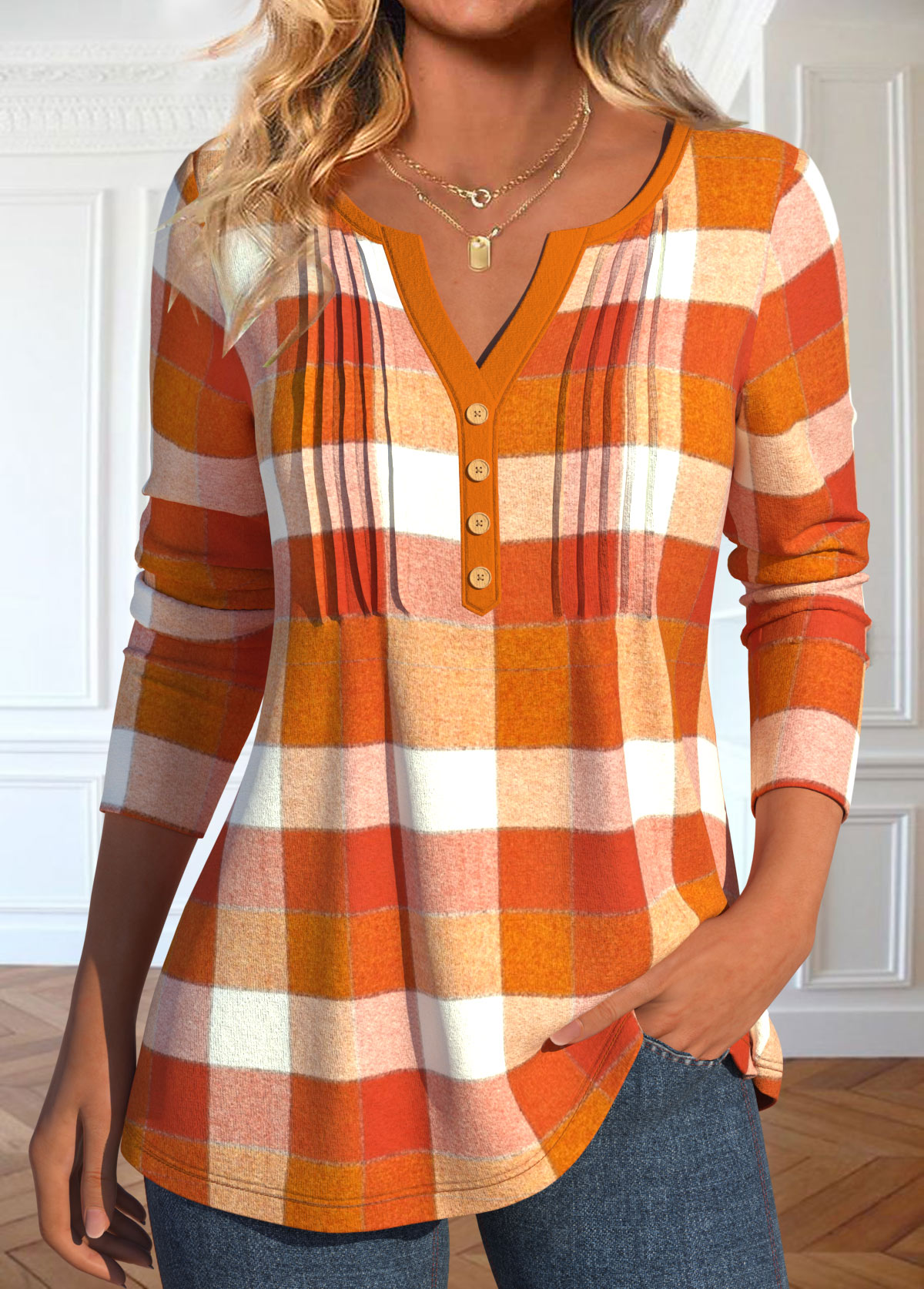 Orange tops,Plaid tops,ROTITA Tuck Stitch Plaid Orange Split Neck T Shirt